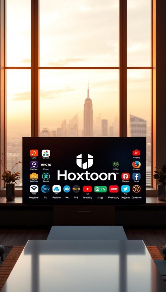 A high-quality, photorealistic image of the top-rated IPTV providers, showcasing the Hoxtoon Provider brand prominently in the foreground. The scene should depict a modern, sleek business office setting with clean lines, warm lighting, and a minimalist aesthetic. The Hoxtoon Provider logo should be displayed on a large display or screen, surrounded by various other IPTV service icons and logos in the middle ground. In the background, there should be a cityscape visible through large windows, conveying a sense of the Hoxtoon Provider's national reach and prominence. The overall mood should be one of professionalism, reliability, and industry leadership.