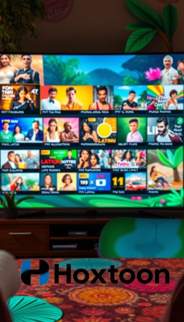 A high-quality, premium IPTV service catering to the Latino audience. In the foreground, the Hoxtoon Provider logo stands out, conveying a sense of quality and reliability. The middle ground features a diverse array of Latino entertainment options, including popular TV shows, movies, and live sports channels. The background showcases a vibrant, colorful Latin-inspired landscape, with lush greenery, vibrant patterns, and a warm, inviting atmosphere. The lighting is soft and natural, creating a welcoming and immersive viewing experience. The overall composition conveys the superior quality and comprehensive content offerings of the Hoxtoon IPTV service, tailored specifically for the Latino market.