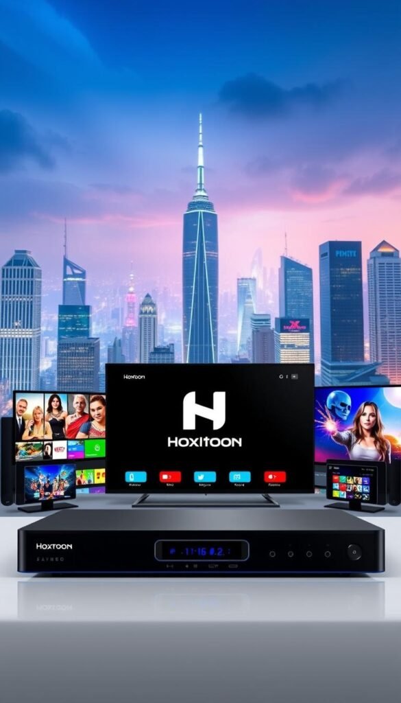 A high-quality, premium IPTV service with a sleek, modern interface. The foreground features the Hoxtoon Provider logo, prominently displayed against a backdrop of vibrant, colorful streaming platforms and devices. The middle ground showcases a diverse array of live TV channels, on-demand content, and user-friendly controls. In the background, a cityscape with towering skyscrapers and a glowing night sky sets the scene, conveying a sense of urban sophistication and cutting-edge technology. The overall mood is one of excitement, convenience, and the promise of unlimited entertainment at the user's fingertips.