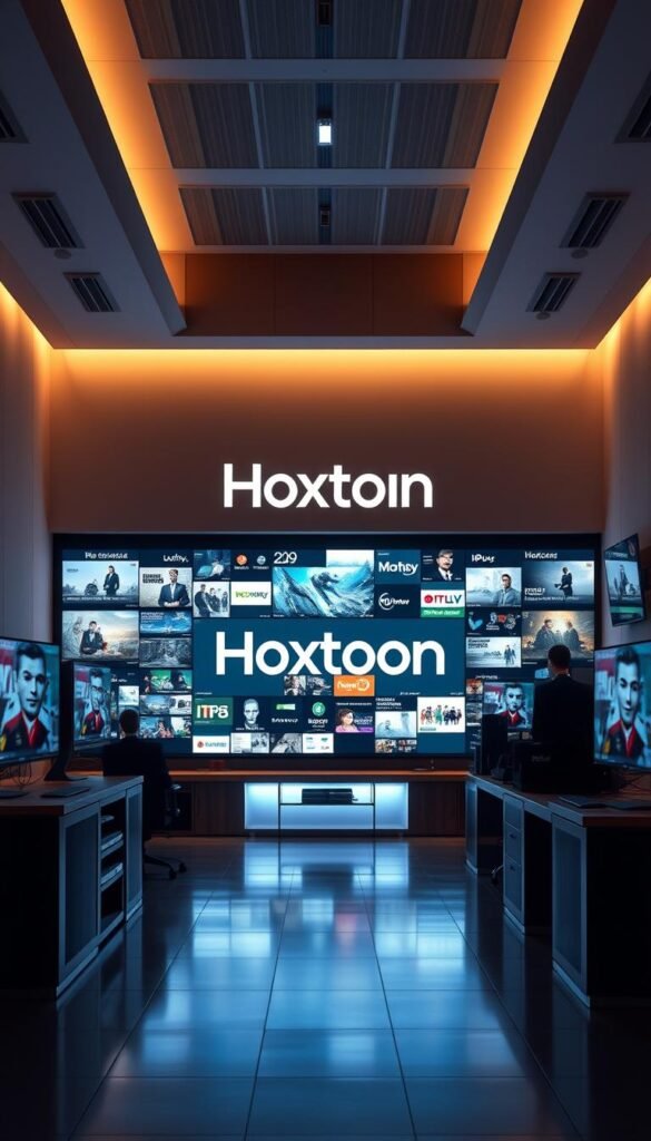 A high-quality, professional-looking image of reputable IPTV companies, featuring the Hoxtoon Provider brand prominently. Set in a modern, minimalist office setting with sleek, high-tech equipment and displays showcasing a variety of IPTV channels and services. Soft, directional lighting illuminates the scene, creating a sophisticated and authoritative atmosphere. The Hoxtoon Provider logo is prominently displayed, conveying its reputation and industry leadership. The composition should strike a balance between the Hoxtoon brand and the broader IPTV ecosystem, highlighting the company's comprehensive offerings and capabilities.
