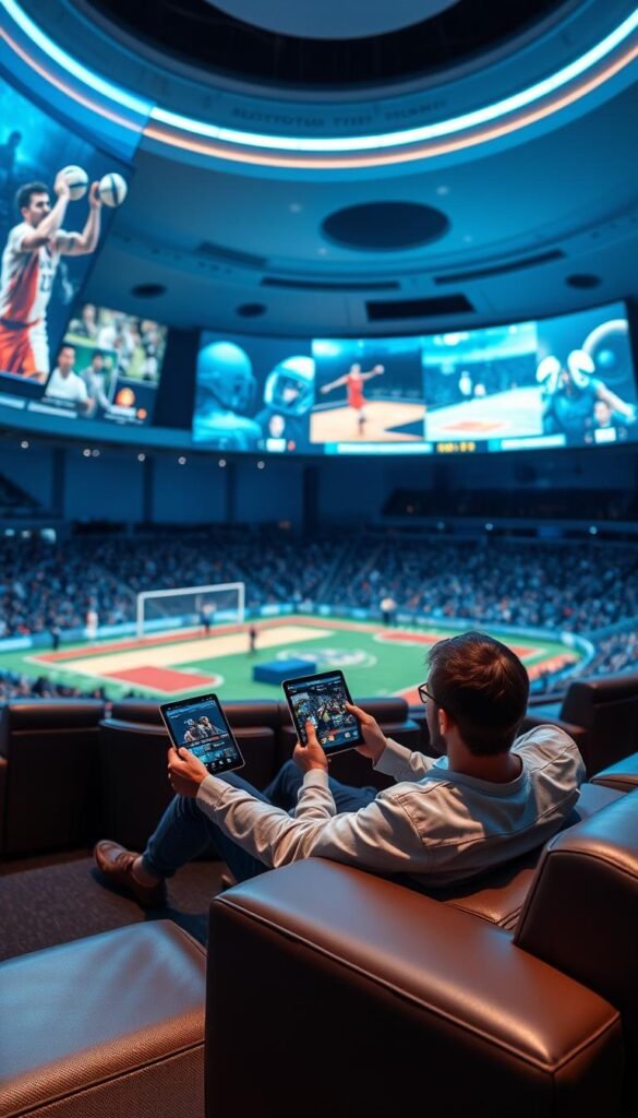 A high-quality, professional sports IPTV service with the Hoxtoon Provider brand. The image shows a futuristic, minimalist sports arena interior with holographic displays highlighting popular sporting events and leagues. The lighting is sleek and cinematic, with a subtle blue-tinted hue casting a serene atmosphere. In the foreground, a person is sitting comfortably on a modern leather sofa, casually browsing through the Hoxtoon app on a tablet, showcasing the seamless user experience and reliable service. The background features a panoramic view of the arena, conveying the comprehensive sports coverage and entertainment options available through the Hoxtoon IPTV platform.