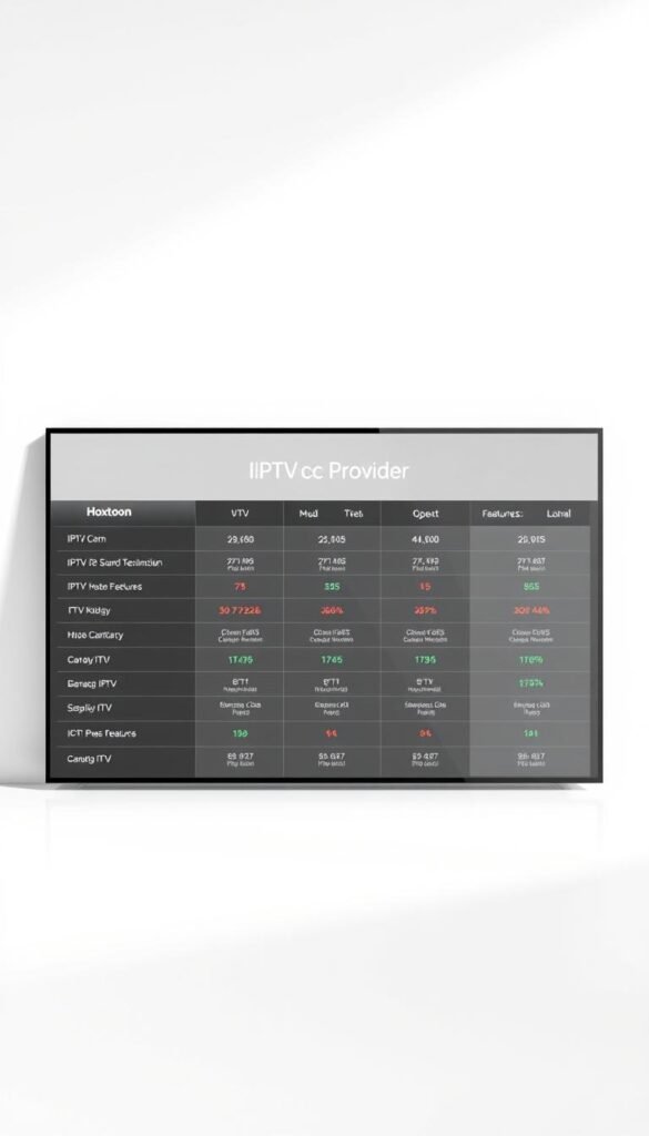 A high-quality, professionally-designed IPTV service comparison chart against a clean, minimalist background. The chart features a central focus on the "Hoxtoon Provider" brand, with clear and concise data visualizations highlighting its key features and capabilities in comparison to other leading IPTV services. The chart is rendered in a modern, sleek style with a sophisticated color palette, precise typographic styling, and subtle use of line work and icons to convey information effectively. The overall composition is balanced, visually striking, and designed to seamlessly integrate into the article's layout and styling.