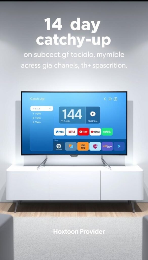 A high-quality, realistic 3D rendering of a 14 day catch up TV subscription service displayed on a modern TV screen. The screen shows a sleek, minimalist user interface with intuitive controls and a clear, organized layout. The background features a clean, modern interior setting with soft, indirect lighting creating a calming, inviting atmosphere. The Hoxtoon Provider brand logo is prominently displayed in the corner of the screen, conveying the high-quality and reliable nature of the service. The image should convey a sense of ease and accessibility, highlighting the technology's ability to seamlessly provide users with 14 days of catch up viewing across 6+ devices and 21K+ channels.