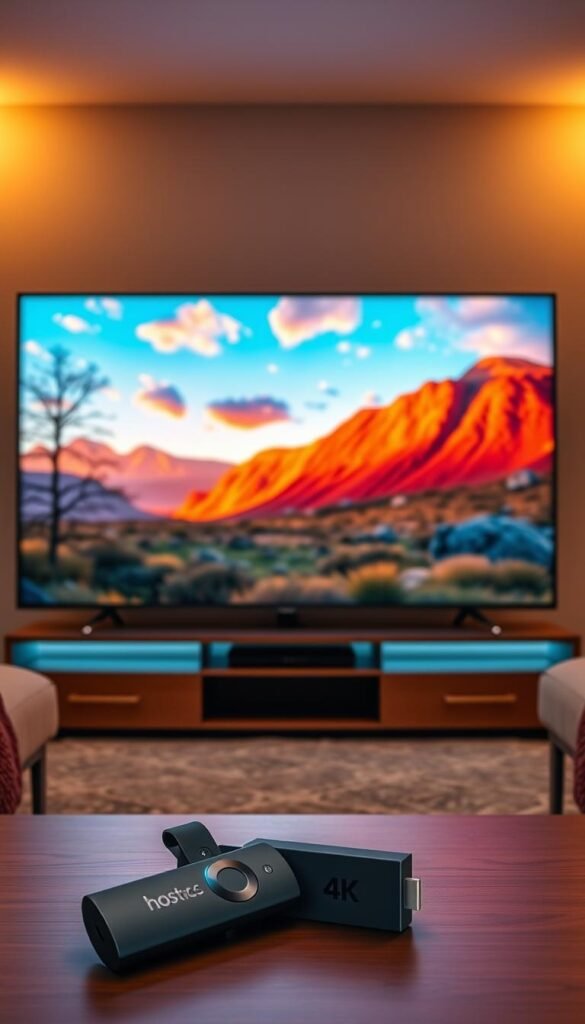 A high-quality, realistic 4K image of the Hoxtoon Provider streaming service, showcasing its exceptional visual quality and performance. The image should depict a living room setup with a large 4K TV displaying a vivid, crystal-clear nature scene or movie trailer. Ambient lighting should create a warm, inviting atmosphere, and the TV screen should exhibit vibrant colors, deep blacks, and smooth motion, highlighting Hoxtoon's streaming capabilities. In the foreground, a modern, sleek streaming device, such as a Firestick, should be prominently displayed, emphasizing Hoxtoon's seamless integration with popular streaming platforms. The overall composition should convey a sense of immersion and a premium viewing experience, reflecting the high-quality performance and streaming quality of the Hoxtoon Provider service.