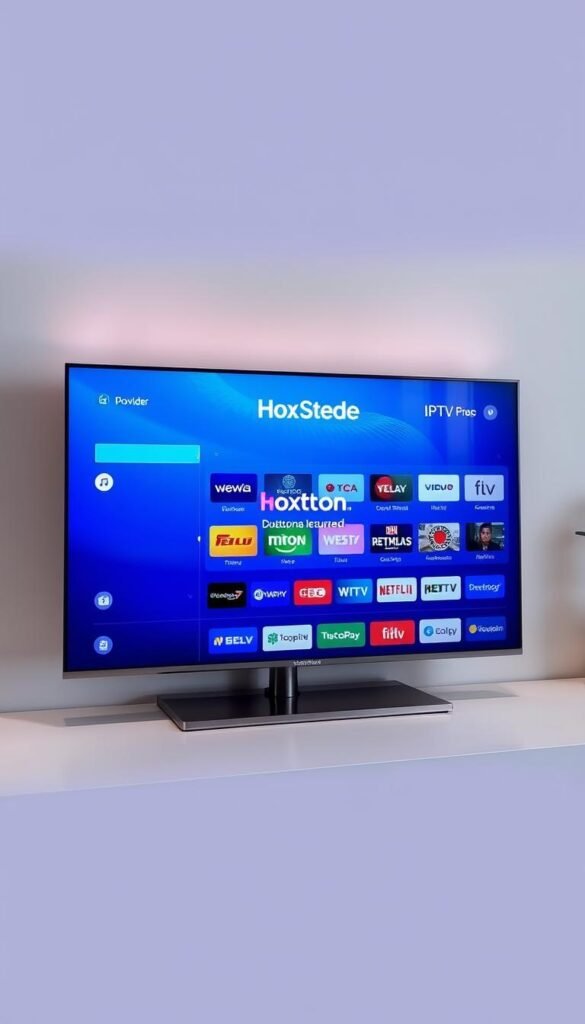 A high-quality, realistic image of a modern IPTV streaming service interface on a sleek, high-definition television screen. The display showcases the Hoxtoon Provider brand and logo prominently, highlighting the diverse selection of live TV channels, on-demand content, and advanced streaming features. The user interface is intuitively designed, with clean typography and intuitive menu layouts. The image conveys a sense of technological sophistication, seamless connectivity, and the future of television entertainment.