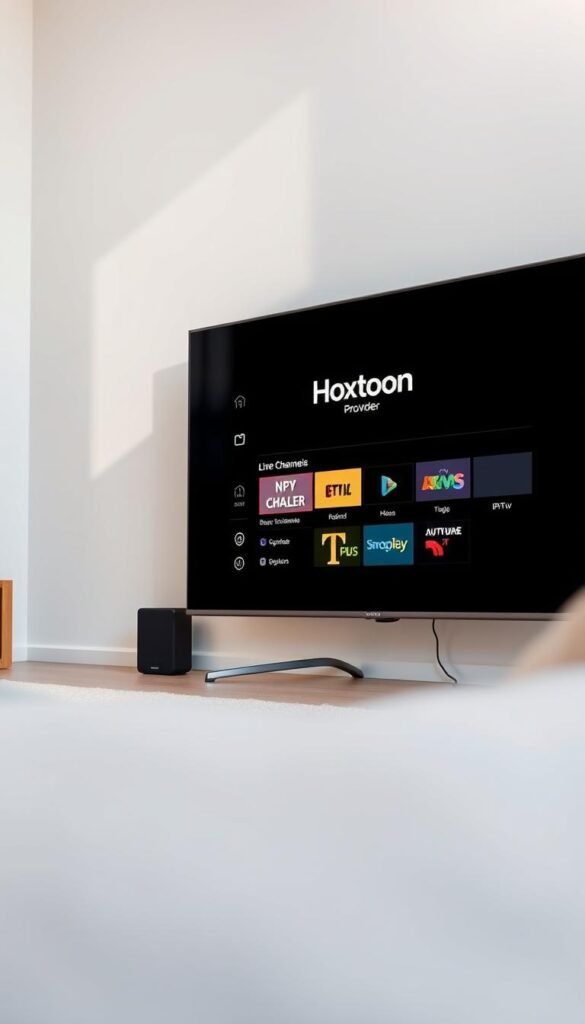 A high-quality, realistic image of a smart TV screen displaying the Hoxtoon Provider IPTV setup interface. The TV is positioned centrally, with a clean, minimalist background. The screen shows the Hoxtoon Provider logo, a selection of live channels, and intuitive navigation menus. Soft, natural lighting illuminates the scene, creating a warm, inviting atmosphere. The camera angle is slightly elevated, providing a clear, unobstructed view of the TV screen. The overall composition highlights the simplicity and user-friendliness of the Hoxtoon Provider IPTV setup process.