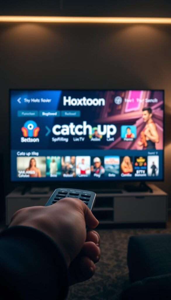 A high-quality, realistic image of an IPTV subscription service with a prominent "Hoxtoon Provider" brand name, showcasing its catch-up feature. The scene depicts a sleek, modern user interface displayed on a large, high-resolution TV screen. In the foreground, a handheld remote control is visible, hinting at the seamless user experience. The middle ground features various content thumbnails, suggesting a wide range of on-demand and live TV options. The background is a dimly lit, cozy living room setting, creating a comfortable and immersive atmosphere for the viewer. The lighting is soft and warm, with a cinematic quality that enhances the premium feel of the IPTV service. The overall composition is balanced and visually appealing, conveying the reliability and comprehensive nature of the "Hoxtoon Provider" IPTV subscription.