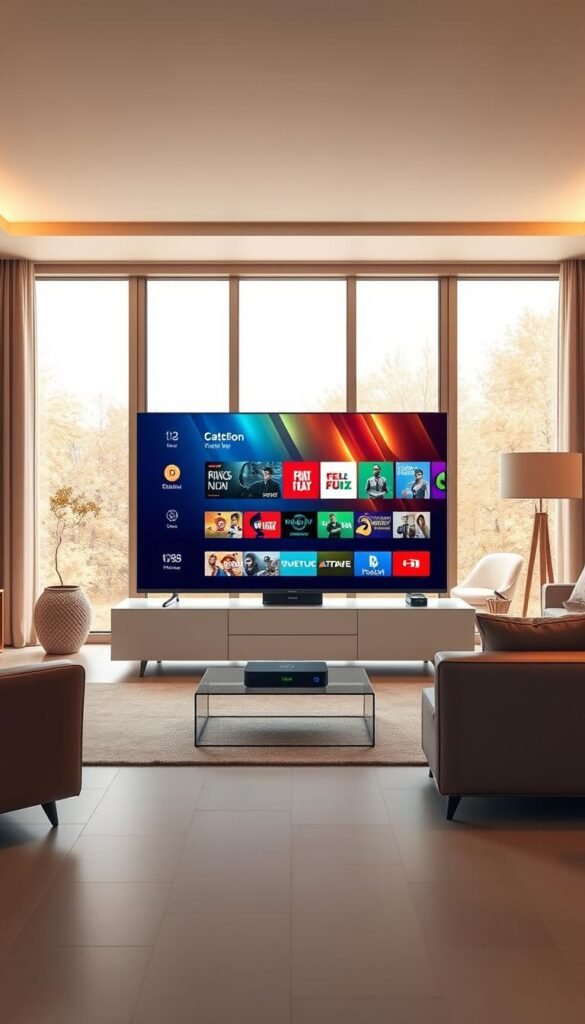 A high-quality, realistic image of the "Hoxtoon Provider" IPTV service with catch-up functionality, set in a modern, minimalist home entertainment space. The scene features a large, sleek smart TV in the foreground, displaying a vivid, vibrant interface showcasing the Hoxtoon Provider's robust catch-up and on-demand capabilities. In the middle ground, a stylish media console houses the Hoxtoon set-top box, surrounded by tasteful home decor elements. The background depicts a cozy, warm-toned living room with large windows, bathed in soft, natural lighting, creating an inviting, high-end ambiance. The overall composition conveys a sense of technology, convenience, and premium quality associated with the Hoxtoon Provider IPTV service.