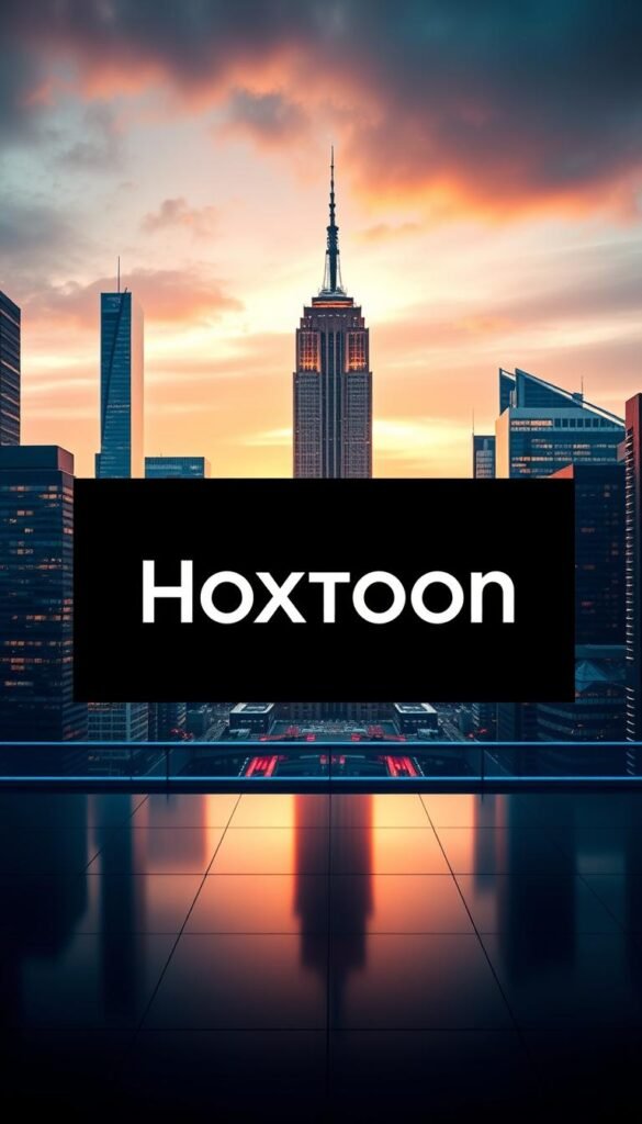 A high-quality, realistic image of the "Hoxtoon Provider" brand as the best IPTV service in the USA. A prominent display of the Hoxtoon logo set against a backdrop of a modern, futuristic city skyline. The image should convey a sense of reliability, high-speed connectivity, and a vast selection of live TV channels and on-demand content. The lighting should be dramatic, with a mix of warm and cool tones, creating a sleek and professional appearance. The camera angle should be slightly elevated, giving the viewer a sense of the service's comprehensive coverage and reach across the country.