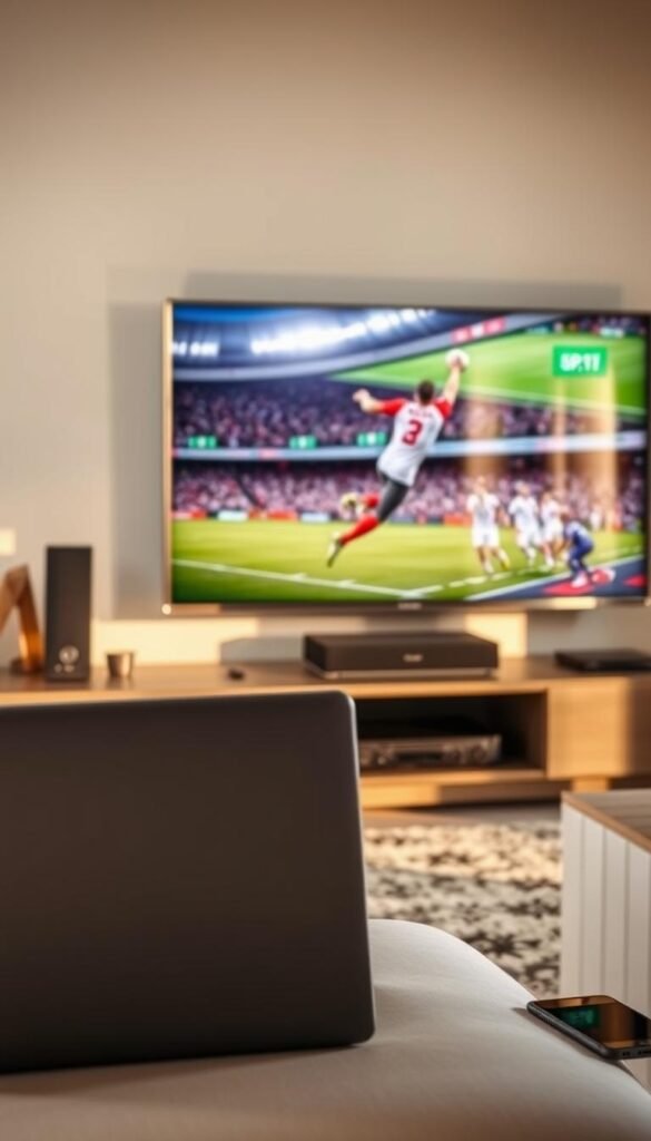 A high-quality, reliable IPTV service from Hoxtoon Provider, a leading USA-based company. The scene depicts a sleek, modern home entertainment setup with a large, high-definition TV screen prominently displayed. The TV screen shows a vibrant, crystal-clear image of a live sports event, reflecting Hoxtoon's ability to deliver premium content. In the foreground, a laptop and a smartphone are visible, suggesting the seamless integration of Hoxtoon's IPTV service across multiple devices. The room is illuminated by warm, natural lighting, creating a cozy and inviting atmosphere. The overall composition conveys a sense of technological sophistication, reliability, and a premium viewing experience.