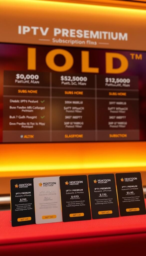 A high-quality rendering of IPTV Gold Premium subscription plans, showcasing the various tiers and pricing options. The scene depicts a sleek, modern interface with bold typography and clean, minimalist design elements. In the foreground, a series of subscription cards with the Hoxtoon Provider branding are displayed, each highlighting the features and benefits of the different plan levels. The middle ground features a subtle background gradient, lending a sense of depth and sophistication. Warm, soft lighting illuminates the scene, creating a premium, luxurious atmosphere that reflects the exclusivity of the IPTV Gold Premium service.