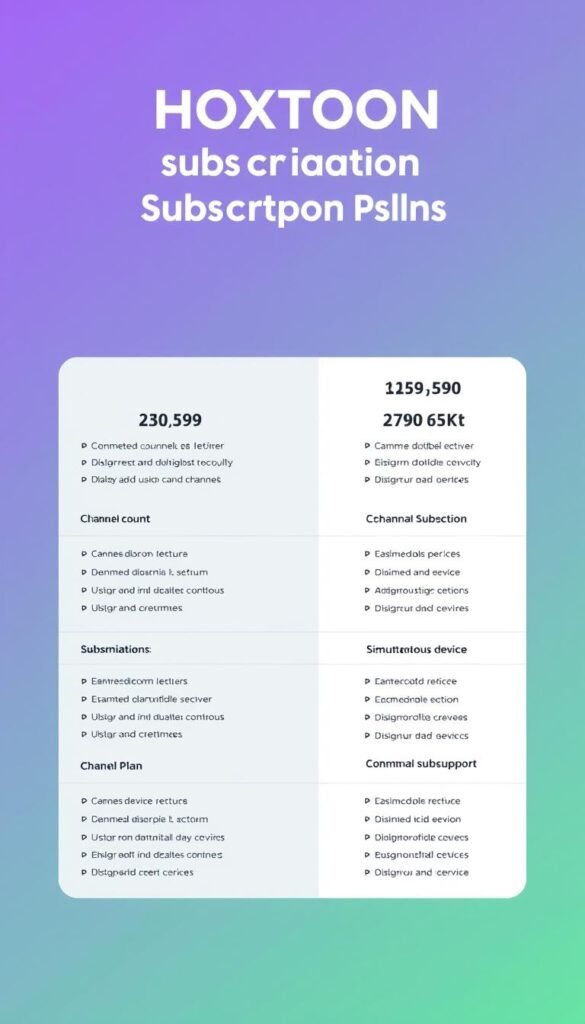 A high-quality rendering of the "HOXTOON Subscription Plans" depicting the Hoxtoon Provider's various subscription tiers against a clean, minimalist background. The plans are showcased in a grid layout, each with a clear and concise description of the included features, such as channel count, simultaneous device support, and pricing. The overall aesthetic is professional, modern, and visually appealing, reflecting the premium quality of the Hoxtoon Provider service. The image conveys a sense of clarity, organization, and the provider's commitment to offering a range of options to meet the diverse needs of its customers.