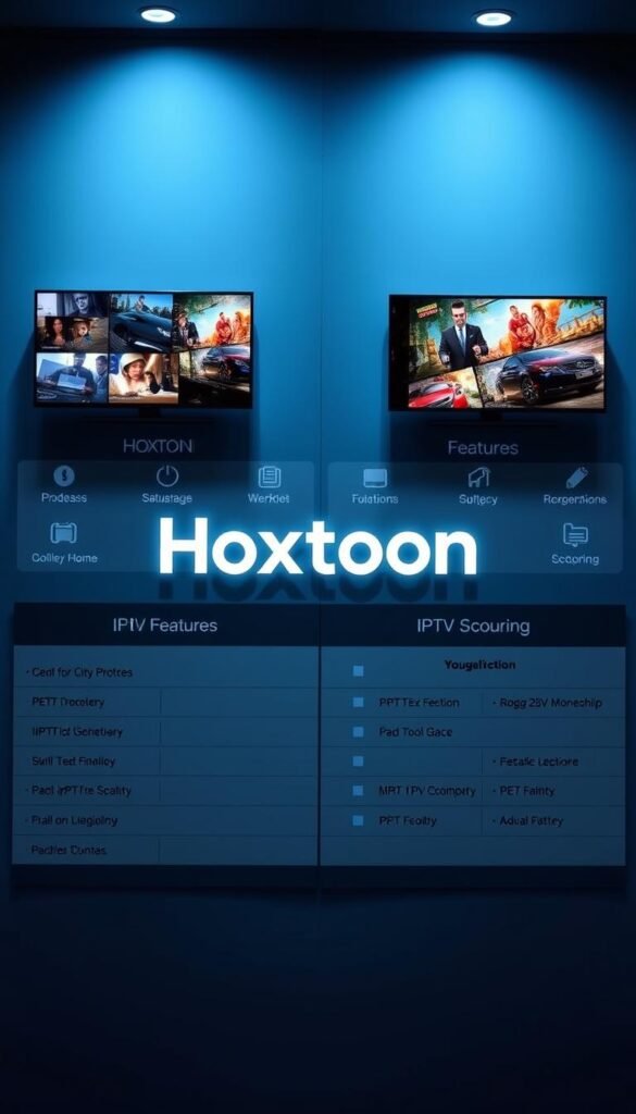 A high-quality side-by-side comparison of the Hoxtoon IPTV provider against other leading IPTV services. Set in a clean, professional layout with crisp product shots, detailed feature breakdowns, and intuitive icons. The scene has a cool, technical color palette with subtle highlights and shadows that accentuate the comparative details. The Hoxtoon brand is prominently displayed, emphasizing its position as the focal point of the comparison. The overall composition and styling convey a sense of informed decision-making for the viewer.