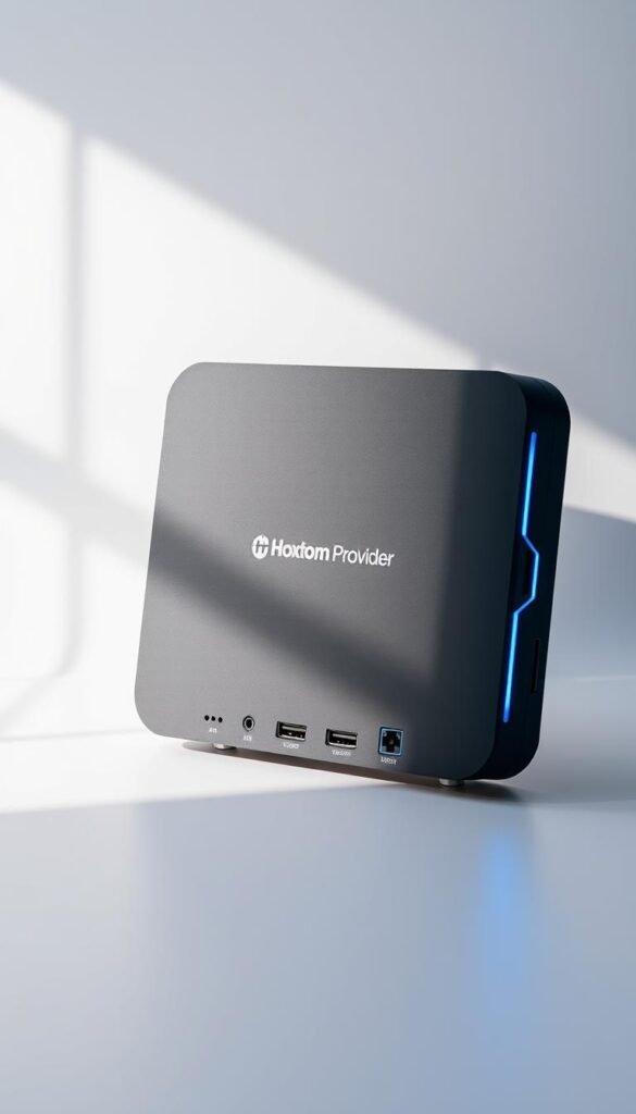 A high-quality, sleek and modern IPTV box with the Hoxtoon Provider logo prominently displayed on the front panel. The box is set against a minimalist white background, casting subtle shadows that give it depth and dimensionality. The device features clean lines, a premium matte finish, and a discreet array of ports and connectors on the rear. Subtle blue LED accent lights on the sides emit a soft glow, creating a sense of sophistication. The image is captured from a slightly elevated angle, emphasizing the box's elegant design and making it the focal point of the composition.