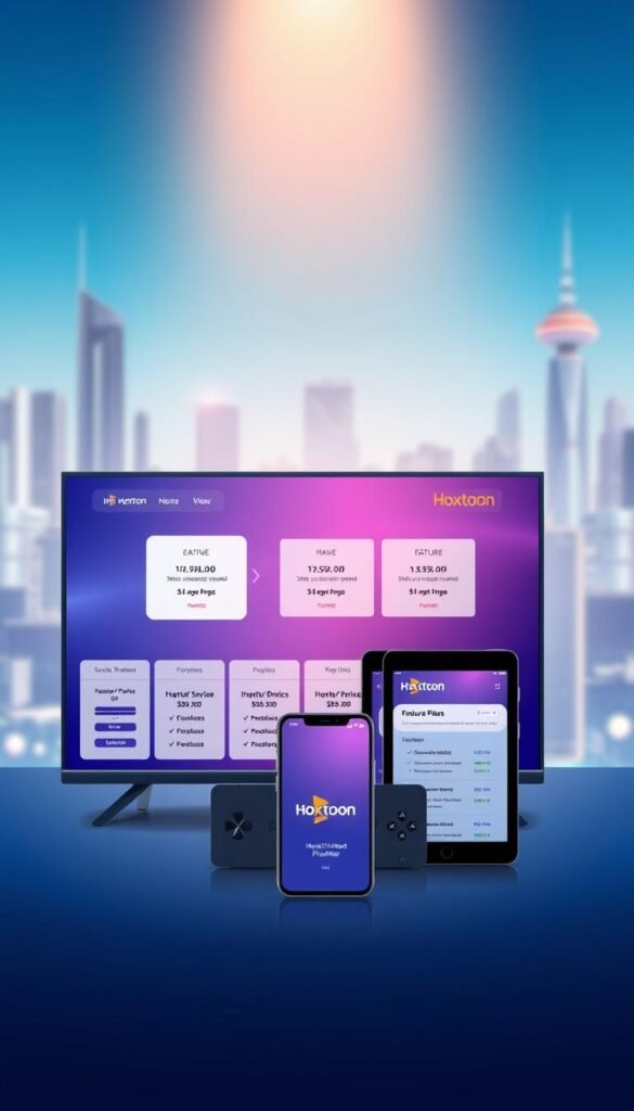 A high-quality, sleek and modern illustration showcasing the Hoxtoon Provider IPTV subscription services. In the foreground, a stack of digital devices including a smart TV, smartphone, and tablet, all displaying the Hoxtoon brand and various subscription plan options. The middle ground features a clean, minimalist interface with clearly labeled pricing tiers and feature lists. The background has a soft, blurred cityscape with skyscrapers and a vibrant, futuristic color palette of blues, purples, and grays, evoking a sense of technology and innovation. The overall scene is lit by a warm, directional light source, creating depth and highlighting the key elements. The image conveys a professional, trustworthy, and premium IPTV service offered by Hoxtoon Provider.