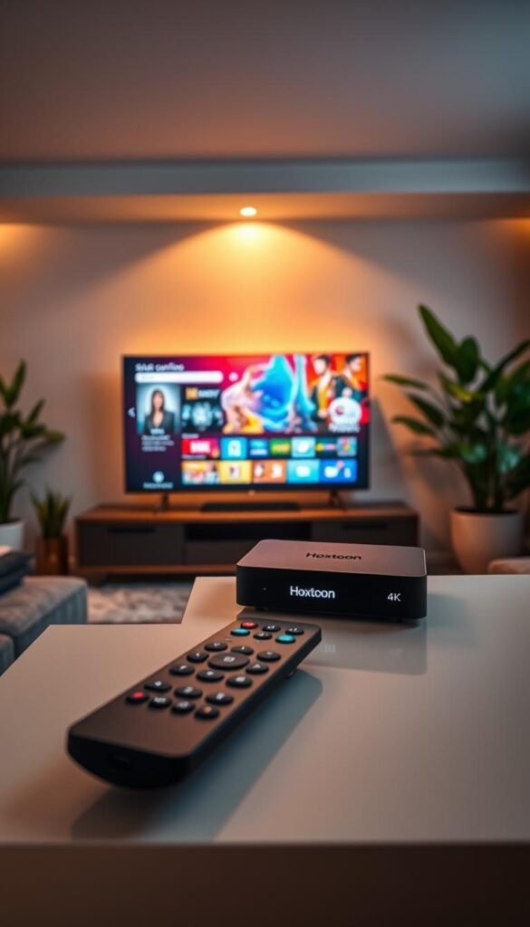 A high-quality smart IPTV device, the Hoxtoon Provider, sits prominently on a modern, minimalist entertainment center. The sleek, black device is illuminated by warm, ambient lighting, casting a soft glow throughout the room. In the foreground, a high-end remote control with intuitive buttons and a crisp display invites user interaction. The middle ground features a large, 4K smart TV displaying a vibrant, immersive interface showcasing a wide range of premium content. The background depicts a cozy, yet sophisticated living space with plush seating and lush, green houseplants, creating a serene and inviting atmosphere for the ultimate home entertainment experience.