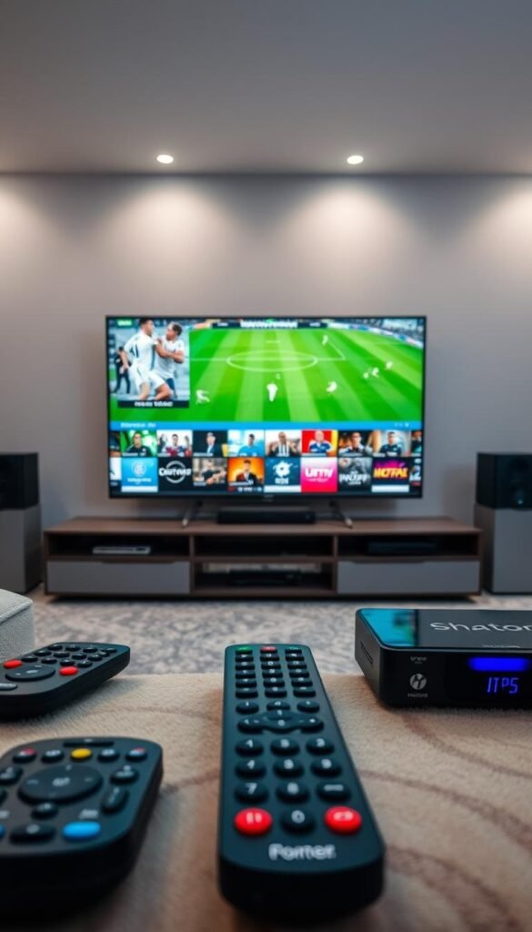 A high-quality sports IPTV package with the Hoxtoon Provider, showcasing an array of vibrant channels against a backdrop of a sleek, modern entertainment setup. The foreground features various remote controls, streaming devices, and a state-of-the-art smart TV displaying a diverse selection of live sports events. The middle ground depicts a well-organized, cable-free entertainment center, with seamless integration of the Hoxtoon Provider's reliable IPTV services. The background sets the scene with a minimalist, yet stylish home theater environment, complete with ambient lighting and high-end audio equipment, creating an immersive viewing experience for sports enthusiasts.