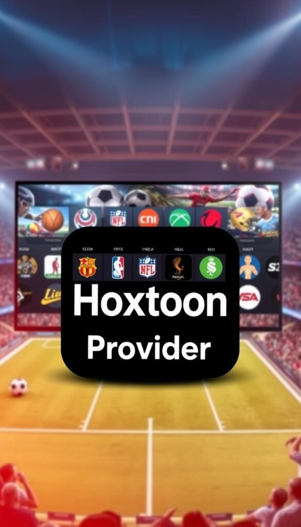A high-quality sports IPTV service with a sleek user interface, the Hoxtoon Provider offers a vast selection of live sports channels, on-demand content, and reliable streaming performance. In the foreground, display the Hoxtoon Provider logo against a backdrop of various sports icons, including soccer balls, basketballs, and football helmets. In the middle ground, showcase a lineup of popular sports leagues and events, such as the NFL, NBA, and Premier League. The background should depict a dynamic sports arena setting, with spectators, lighting, and a sense of energy and excitement. Use a warm, vibrant color palette to convey the passion and thrill of the sports experience. Capture the essence of Hoxtoon Provider as the best sports IPTV solution in the USA.