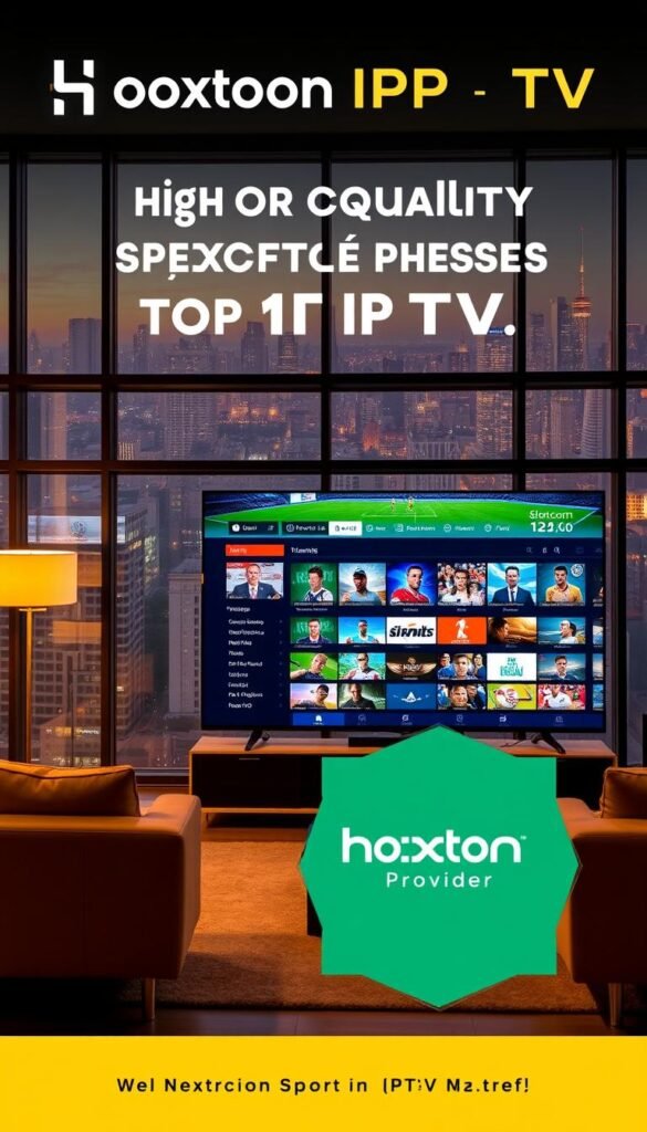 A high-quality sports IPTV service with the Hoxtoon Provider brand, showcasing a sleek and modern user interface on a large flatscreen television. The scene depicts a living room setting with comfortable furniture, warm lighting, and large windows overlooking a cityscape in the background. The television display features a selection of live sports channels, emphasizing the legal and legitimate nature of the service. The overall atmosphere conveys a sense of professionalism, reliability, and technological sophistication.