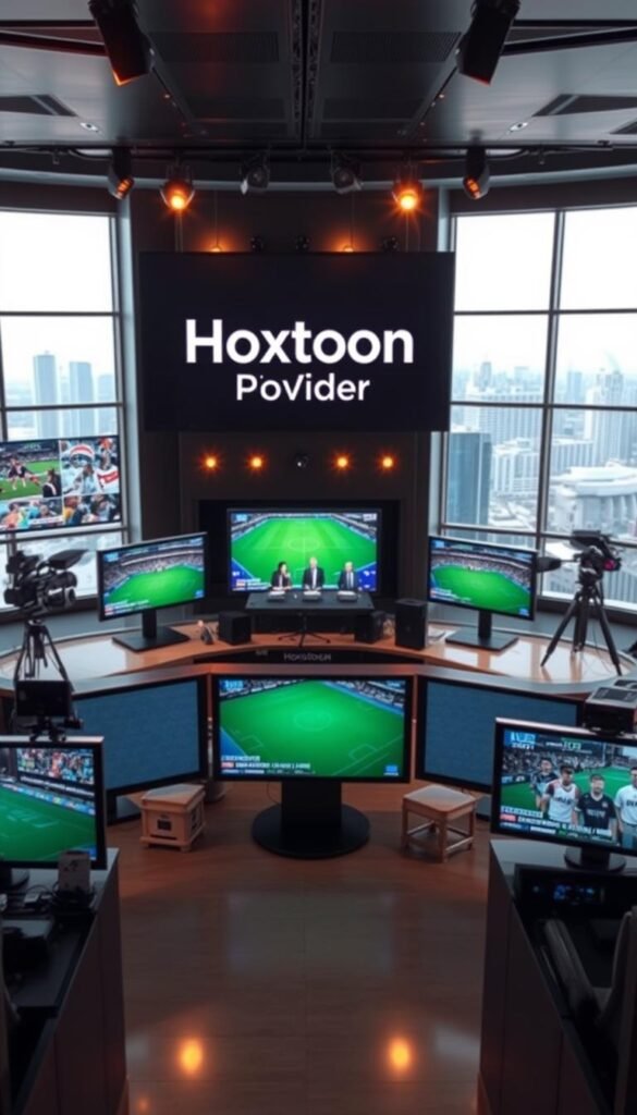 A high-quality sports broadcasting studio with the Hoxtoon Provider logo prominently displayed. The foreground features multiple large widescreen televisions showing various live sports events. The middle ground has a news desk with several anchors reporting, surrounded by professional video equipment and lighting. The background showcases a panoramic view of a modern city skyline through large windows, suggesting the global reach of the IPTV service. The lighting is warm and inviting, creating an atmosphere of energy and excitement for the viewers. The overall scene conveys the reliable and comprehensive nature of the Hoxtoon Provider's sports channel offerings.