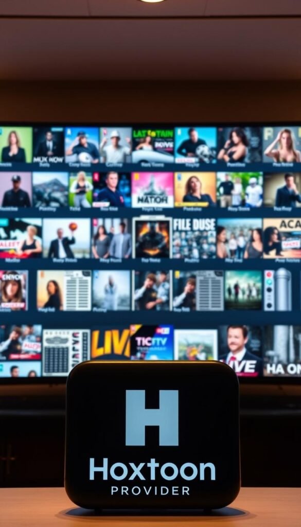 A high-quality, state-of-the-art IPTV service with a sleek, modern interface showcasing a vast library of premium content. In the foreground, the Hoxtoon Provider logo stands out prominently, conveying the brand's authority and reliability. The middle ground features a diverse array of entertainment options, including popular TV shows, movies, live sports, and more, all accessible with a seamless user experience. The background depicts a vibrant, cinematic cityscape, suggesting the boundless entertainment possibilities available through the Hoxtoon IPTV service. The lighting is soft and warm, creating a welcoming, premium atmosphere. The overall composition and attention to detail reflect the exceptional quality and value that Hoxtoon Provider offers as the best IPTV service in the USA.