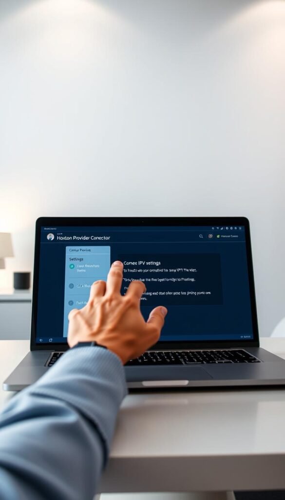 A high-quality, step-by-step IPTV setup guide on a sleek, modern laptop display. In the foreground, a hand gently interacts with the laptop, navigating through the Hoxtoon Provider interface. The screen displays clear, intuitive instructions and settings for connecting the IPTV service. The background is a minimalist, well-lit workspace, with a clean, professional atmosphere. Soft, directional lighting illuminates the scene, creating a sense of focus and clarity. The overall composition conveys a streamlined, user-friendly IPTV setup experience powered by the Hoxtoon Provider platform.