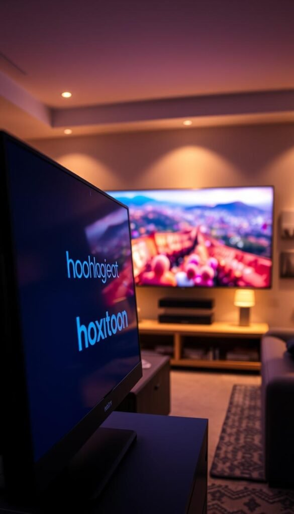 A high-quality streaming experience, captured with a cinematic touch. In the foreground, a vibrant display showcases the Hoxtoon Provider logo, its sleek design reflecting the crisp, detailed imagery. The middle ground features a fluid, high-bitrate video stream, the pixels dancing with life and clarity. In the background, a softly-lit living room sets the stage, the warm glow of ambient lighting creating a cozy, immersive atmosphere. The camera angle is slightly tilted, adding a sense of dynamism and movement to the scene. Lighting is balanced, with strategically placed highlights accentuating the technological prowess of the Hoxtoon Provider platform. The overall mood evokes a premium, sophisticated streaming experience, perfect for an article on the topic of IPTV excellence.