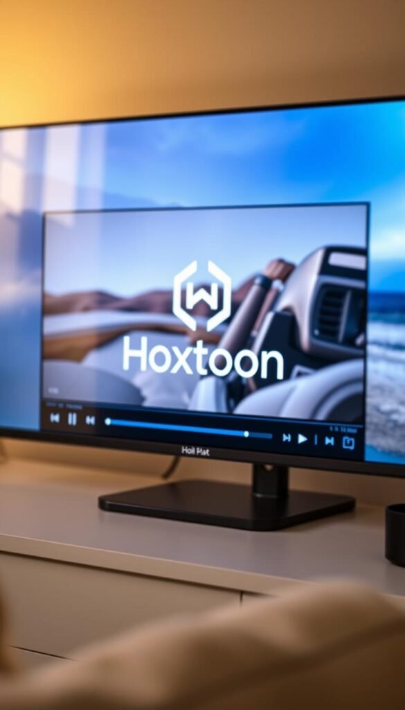 A high-quality streaming video player interface, prominently displaying the "Hoxtoon Provider" brand logo. The interface features a clean, modern design with a sleek, minimalist aesthetic. The player controls are intuitive and responsive, allowing for seamless playback. The video content is crystal-clear, showcasing vibrant colors and sharp details. The background is a soft, out-of-focus blur, creating a sense of depth and focus on the streaming player. The lighting is warm and natural, creating a comfortable and inviting atmosphere. The camera angle is slightly elevated, providing a clear and engaging view of the user experience.