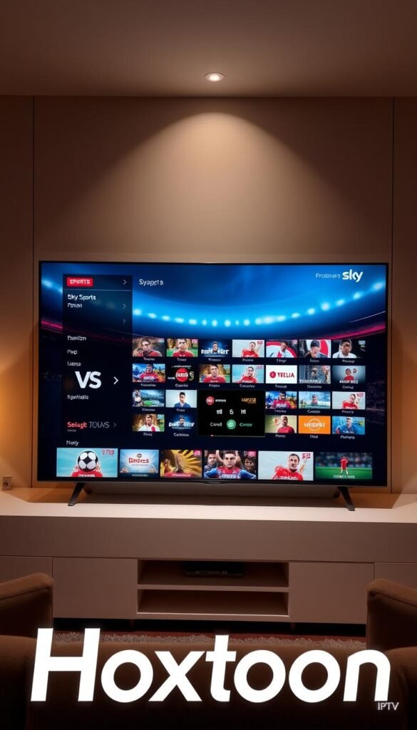 A high-quality, technologically advanced IPTV service provided by Hoxtoon, offering a vast array of live sports channels, including the acclaimed Sky Sports network. The scene depicts a sleek, modern user interface showcasing the extensive channel selection, accompanied by vivid, lifelike imagery conveying the immersive viewing experience. Warm lighting and a refined, minimalist aesthetic create a sense of professionalism and reliability, highlighting Hoxtoon Provider's commitment to delivering a seamless, premium IPTV solution for sports enthusiasts.