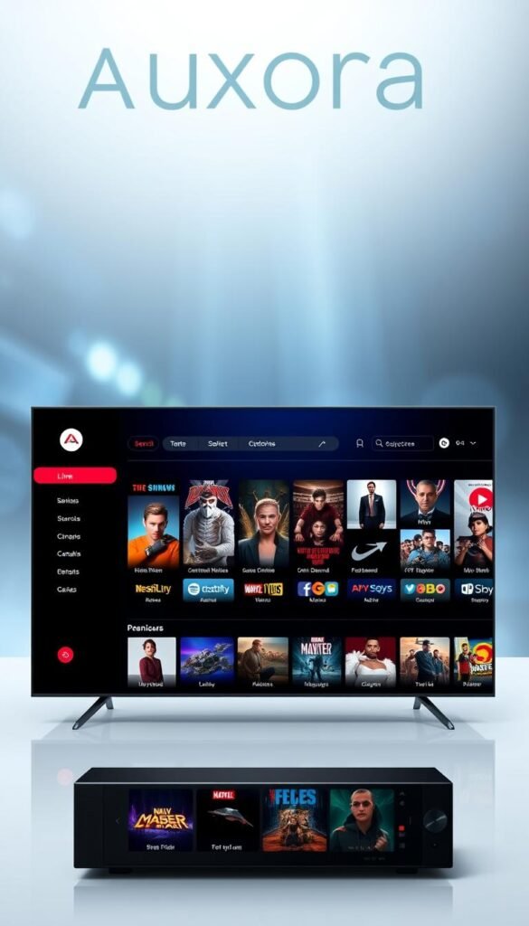 A high-quality, ultramodern interface design for the Aurora Premium IPTV service by Hoxtoon Provider. In the foreground, a sleek, intuitive dashboard showcases content categories, search functionality, and personalized recommendations. The middle ground features a visually striking grid of thumbnail previews for live channels, on-demand movies, and TV shows, all rendered in crisp, vibrant detail. The background subtly evokes a cinematic ambiance with subtle lighting effects and a sophisticated color palette of blues and grays, creating a premium, immersive user experience.