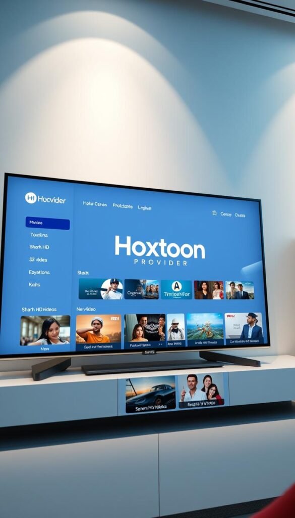 A high-quality, user-friendly IPTV service interface with the Hoxtoon Provider brand prominently displayed. The scene depicts a sleek, modern dashboard with intuitive navigation, sharp HD video thumbnails, and a visually appealing grid layout. The overall design conveys a sense of reliability, accessibility, and a premium viewing experience. Soft lighting highlights the clean, responsive interface, creating a welcoming and polished atmosphere. The camera angle captures the layout in a 3/4 perspective, allowing the viewer to appreciate the interface's thoughtful organization and visual appeal.
