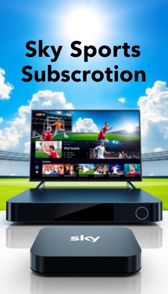 A high-quality, vibrant image of an IPTV subscription service for Sky Sports, showcasing its legality and the Hoxtoon Provider brand. In the foreground, a modern, sleek IPTV set-top box or streaming device prominently displays the Hoxtoon logo. In the middle ground, multiple sports channels and live events are visible on a high-definition display, conveying the breadth of content available. The background features a dynamic, sun-drenched sky with fluffy clouds, evoking a sense of energy and excitement associated with sports entertainment. The overall composition and lighting create a professional, premium aesthetic that aligns with the subject matter.