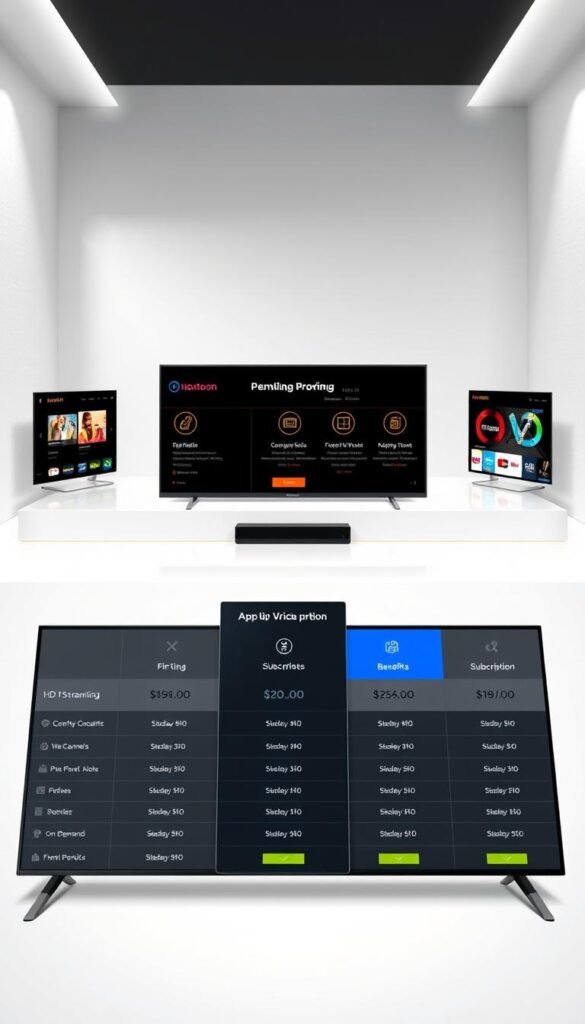 A high-quality, visually appealing digital illustration of the "Hoxtoon Provider" IPTV Premium APK pricing plans. The foreground features a sleek, modern table showcasing the different subscription tiers, with clear pricing information and plan details. The middle ground includes various icons and graphics representing the key features and benefits of the IPTV service, such as HD streaming, live TV channels, and on-demand content. The background depicts a clean, minimalist environment with subtle gradients and textures, creating a professional and premium aesthetic. The overall composition is balanced, well-lit, and captured from a slightly elevated angle to enhance the sense of depth and sophistication.