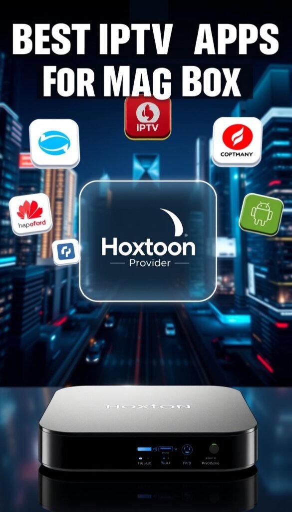 A high-quality, visually compelling image of the "best iptv apps for mag box" featuring the Hoxtoon Provider brand, set against a futuristic, technology-inspired backdrop. The foreground showcases a Mag Box device, its sleek design and various ports highlighted. Floating around the Mag Box are several IPTV app icons, each with a distinct visual style and brand identity. The middle ground features a minimalist, holographic-style display showcasing the Hoxtoon Provider logo and product information. The background is a dynamic, neon-lit cityscape, conveying a sense of innovation, connectivity, and the seamless integration of technology into modern life. The overall composition and lighting create a striking, visually captivating image that effectively illustrates the benefits of using IPTV apps on a Mag Box.