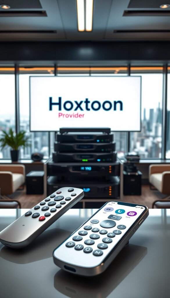 A high-quality, visually striking image of the "Hoxtoon Provider" IPTV service. Set in a modern, elegant office environment, the image showcases the Hoxtoon logo prominently displayed on a large, backlit display. In the foreground, a sleek, silver remote control and a smartphone with the Hoxtoon app interface visible. The middle ground features a stack of set-top boxes and high-end networking equipment, conveying the technological sophistication of the service. The background is softly blurred, but hints at a panoramic city skyline visible through large windows, suggesting the global reach and scale of the Hoxtoon IPTV platform. The overall mood is one of professionalism, quality, and cutting-edge technology.