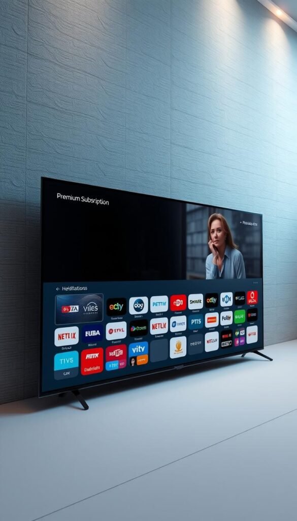 A high-quality, visually stunning IPTV premium subscription interface created by Hoxtoon Provider. The interface features a sleek, modern design with a clean, minimalist layout. The foreground showcases a large, high-definition video player with intuitive playback controls. The middle ground displays a neatly organized grid of channel logos, while the background features a subtle, textured gradient in calming shades of blue and gray. The lighting is soft and diffused, creating a warm, inviting atmosphere. The camera angle provides a wide, panoramic view, capturing the interface's sophistication and attention to detail.