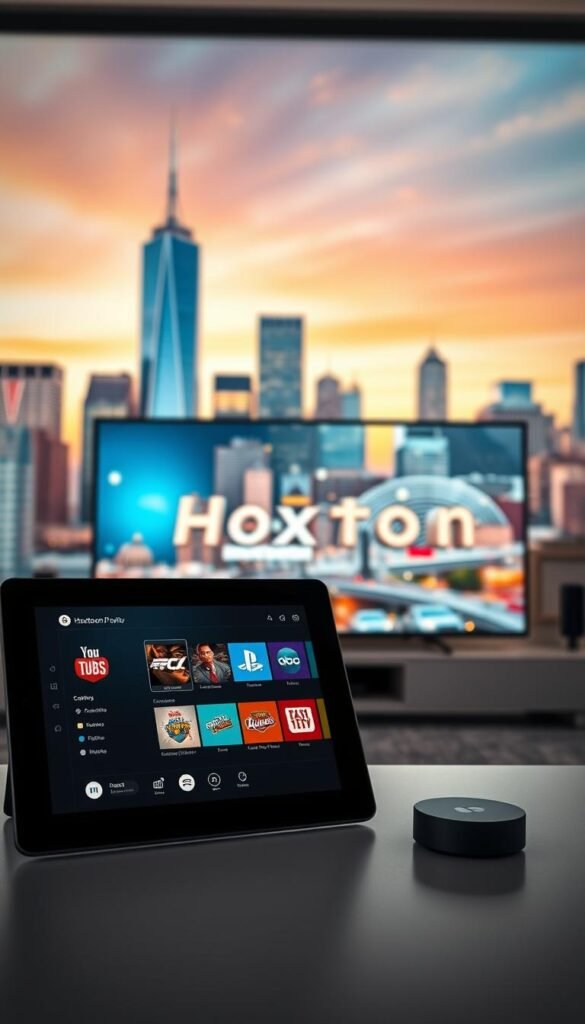 A high-quality, visually stunning image of "iptv trial offers" featuring the Hoxtoon Provider brand, captured in a modern, minimalist style. The foreground showcases a sleek, responsive IPTV interface on a tablet device, highlighting the user-friendly experience and the range of content available. The middle ground features various connected devices, such as a smart TV and a streaming box, emphasizing the versatility of the Hoxtoon IPTV service. The background depicts a vibrant, urban cityscape, conveying the cutting-edge and technologically advanced nature of the IPTV industry in the United States. The lighting is soft and diffused, creating a warm and inviting atmosphere. The overall composition is balanced and visually appealing, showcasing the Hoxtoon Provider brand as a leading IPTV service in the USA.