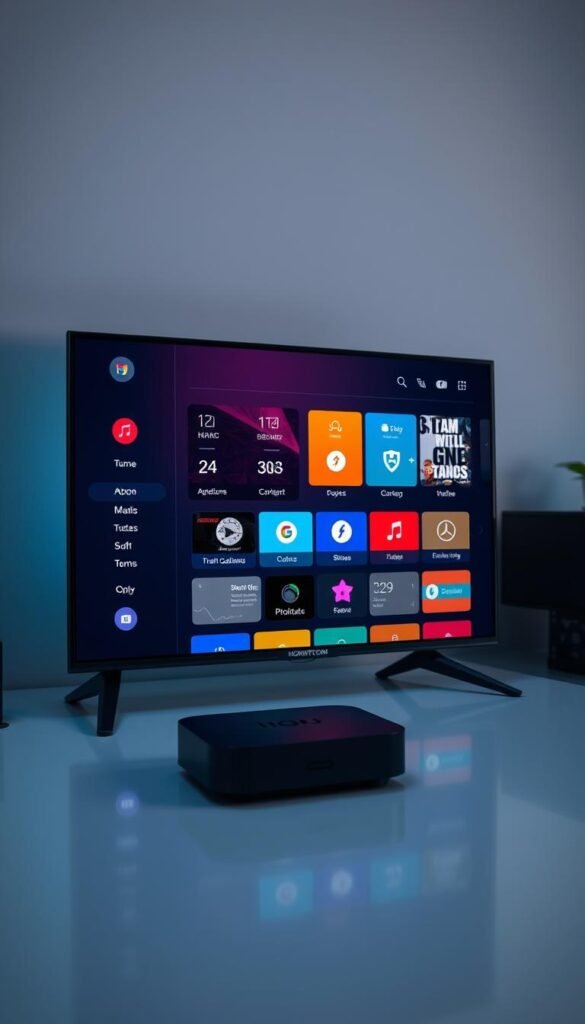 A high-quality, visually stunning image of the Hoxtoon Provider interface, showcased on a sleek Mag box device. The scene depicts the main dashboard, with a clean, minimalist design featuring intuitive menus, sharp iconography, and a vibrant color palette. The interface is presented in a well-lit, softly diffused lighting, highlighting the depth and clarity of the UI elements. The camera angle is positioned to capture the Mag box in a slightly elevated, three-quarter view, allowing the user to appreciate the interface's responsiveness and seamless integration. The overall mood is one of sophistication, user-friendliness, and technological prowess, perfectly reflecting the Hoxtoon Provider's commitment to delivering a premium streaming experience.