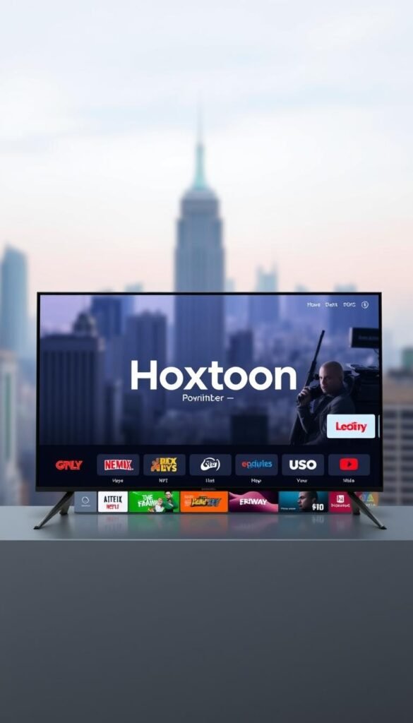A high-quality, well-designed, and professional-looking IPTV service interface with the Hoxtoon Provider brand prominently displayed. The interface should have a clean, modern aesthetic with a mix of sleek graphics, intuitive navigation, and a comprehensive channel lineup. The background should feature a subtle, blurred cityscape or skyline to convey a sense of connectivity and global reach. The overall mood should be one of reliability, trustworthiness, and technological innovation.