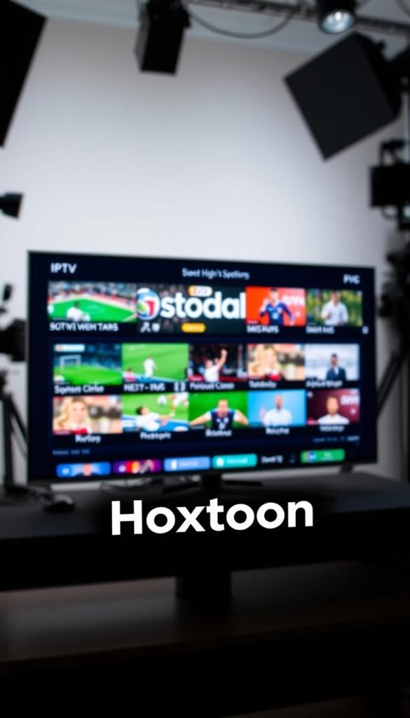 A high-quality, well-lit close-up of the Hoxtoon Provider IPTV service, showcasing a variety of sports channels on a sleek, modern TV screen. The foreground features the Hoxtoon logo prominently displayed, while the middle ground depicts various sports programming, including live games, highlights, and analysis. The background is a soft, blurred studio setting, with studio lighting and camera equipment visible, conveying a professional, premium media production environment. The overall mood is one of energy, excitement, and quality, reflecting the IPTV provider's focus on delivering an exceptional sports viewing experience.