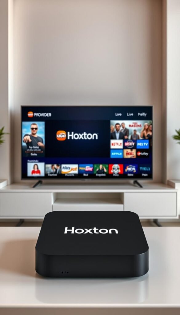 A high-quality, well-lit image of a Mag Box device prominently displaying the "Hoxtoon Provider" brand name on the device's interface. The Mag Box is shown in a modern, minimalist home setting with clean lines and neutral colors, conveying a sense of simplicity and elegance. The screen of the Mag Box displays a diverse selection of live TV channels, with a focus on popular American networks and content. The overall scene should evoke a feeling of user-friendly technology and the convenience of accessing a vast array of entertainment options through the Hoxtoon platform.
