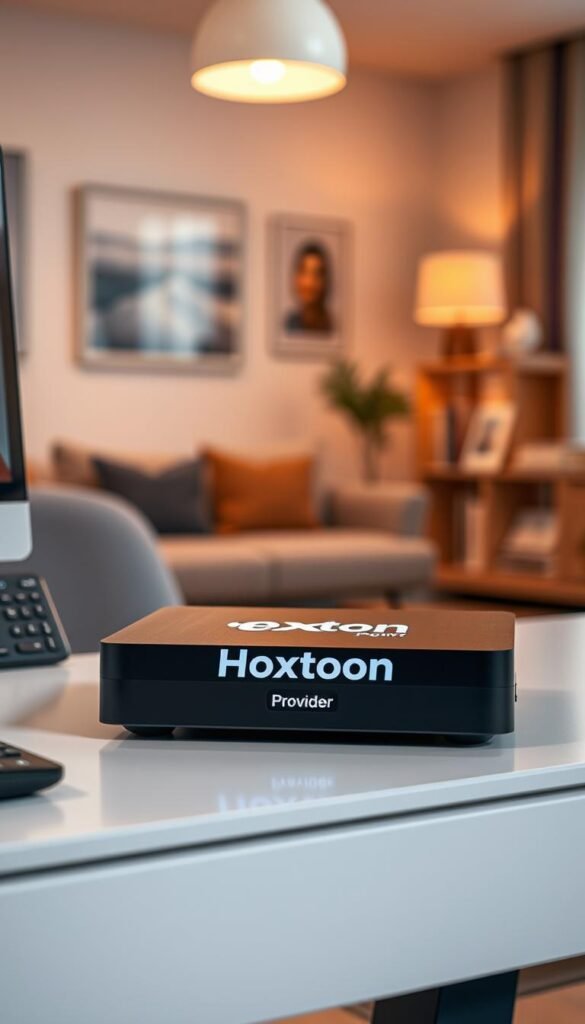 A high-quality, well-lit image of a Mag box streaming device with the "Hoxtoon Provider" logo prominently displayed on the front panel. The device is positioned on a clean, modern desk in a cozy, home office setting, with a warm, natural lighting illuminating the scene. The background features a blurred, out-of-focus view of a living room, hinting at the wider context of the IPTV service. The image conveys a sense of trust, reliability, and user satisfaction with the Hoxtoon IPTV service.