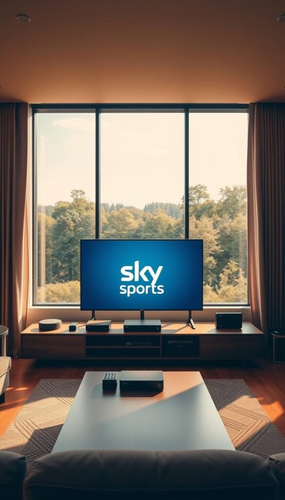 A high-quality, wide-angle photograph of a sleek, modern living room setup, bathed in warm, natural lighting. In the center, a large, flat-screen TV prominently displays the Sky Sports logo. Surrounding the TV, various media devices, including a Hoxtoon Provider set-top box, are neatly arranged on a minimalist, wooden entertainment center. The room features floor-to-ceiling windows, offering a panoramic view of a lush, tree-lined landscape outside. The overall atmosphere is one of comfort, technological sophistication, and a sense of enjoying premium sports entertainment in a stylish, home environment.