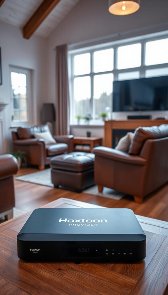 A high-quality, wide-angle shot of a modern living room in a cozy British home. In the foreground, a sleek black set-top box labeled "Hoxtoon Provider" sits atop a wooden media console. The middle ground features a comfortable leather sofa and armchair, with a large flat-screen TV mounted on the wall. In the background, a large window provides natural lighting, illuminating the room's neutral color palette. The scene conveys a sense of relaxation and entertainment, highlighting the convenience of a lifetime IPTV subscription.