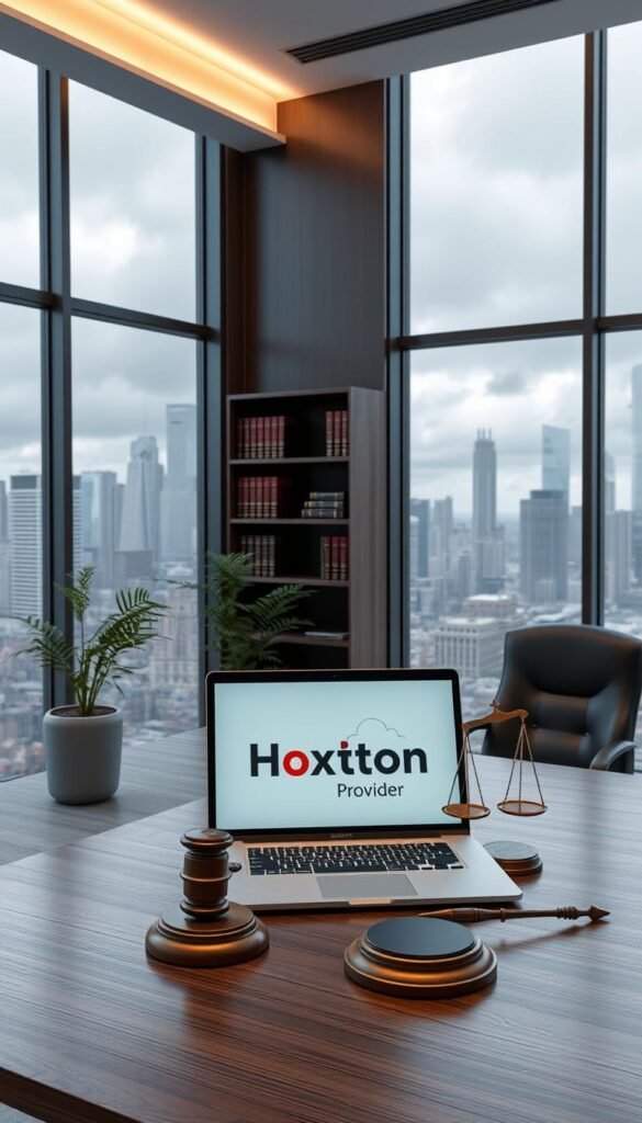 A high-resolution 3D render of a modern office interior, with a large window overlooking a cityscape. In the foreground, a sleek, dark wood desk with a laptop displaying the "Hoxtoon Provider" logo. On the desk, a gavel and scales of justice, symbolizing the legal considerations surrounding IPTV services. The middle ground features a leather office chair, a potted plant, and a bookshelf filled with legal volumes. The background showcases the cityscape outside, with skyscrapers and a cloudy, atmospheric lighting that conveys a sense of professionalism and authority.