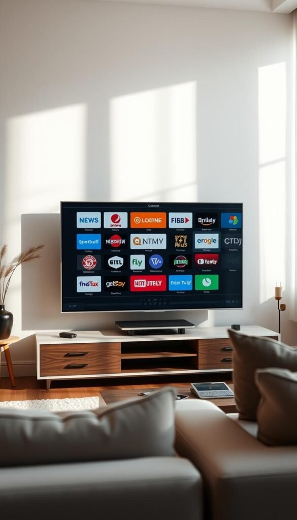 A high-resolution, cinematic image of IPTV channel categories, showcasing the diverse programming options available on the Hoxtoon Provider platform. The foreground features a sleek, modern TV screen displaying a grid of channel logos, ranging from news and sports to movies and entertainment. The middle ground depicts a stylish, minimalist home entertainment setup, with the TV screen as the focal point. The background is a softly lit, cozy living room, creating a warm and inviting atmosphere. The lighting is natural and diffused, accentuating the details of the scene. The overall composition conveys the comprehensive and user-friendly nature of the Hoxtoon Provider IPTV service.