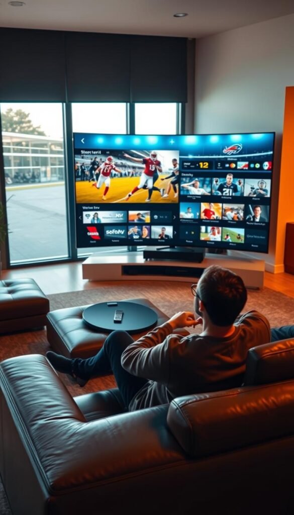 A high-resolution, cinematic image of a modern living room with a large, curved OLED TV displaying various sports channels from the Hoxtoon Provider IPTV service. The room is bathed in warm, natural lighting from a large window, casting a soft glow on the plush leather sofa and sleek, minimalist furniture. In the foreground, a person sits comfortably, engrossed in the live sports action on the screen, their face illuminated by the vivid, high-definition display. The middle ground features a small coffee table with a remote control and a streaming device, emphasizing the seamless integration of IPTV technology. The background showcases a modern, open-concept layout, creating a sense of spaciousness and luxury. The overall scene conveys the evolution of sports viewing, with IPTV providing a immersive, high-quality experience in the comfort of a contemporary home setting.