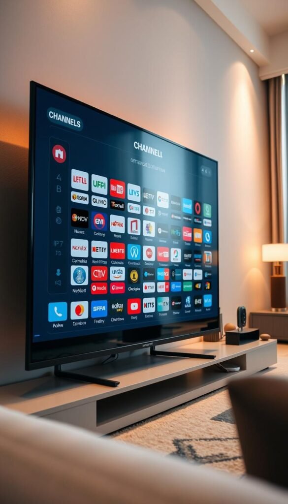 A high-resolution close-up of a premium IPTV service provider's channel selection interface, displayed on a modern flat-screen television. The interface shows a diverse array of channel logos, neatly organized in grid-like sections, representing Hoxtoon Provider's extensive library of over 300 live channels across various genres such as news, sports, movies, and entertainment. The scene is bathed in a warm, soft lighting, creating a cozy and inviting atmosphere, emphasizing the seamless and immersive viewing experience. The television is positioned in a minimalist living room setting, with subtle hints of modern decor in the background, conveying a sense of sophistication and technological advancement.