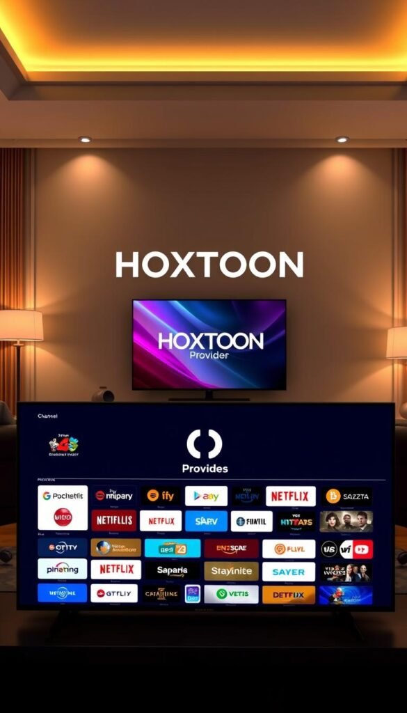 A high-resolution, detailed, 4K digital illustration of the "HOXTOON IPTV Channel Selection" interface. The foreground features a sleek, modern graphical user interface (GUI) showcasing a grid of channel thumbnails and logos. The middle ground includes the Hoxtoon Provider branding prominently displayed. The background depicts a cinematic, photorealistic living room setting with a large flat-screen TV, comfortable furniture, and warm, natural lighting. The overall scene conveys a sense of premium, immersive entertainment experience.