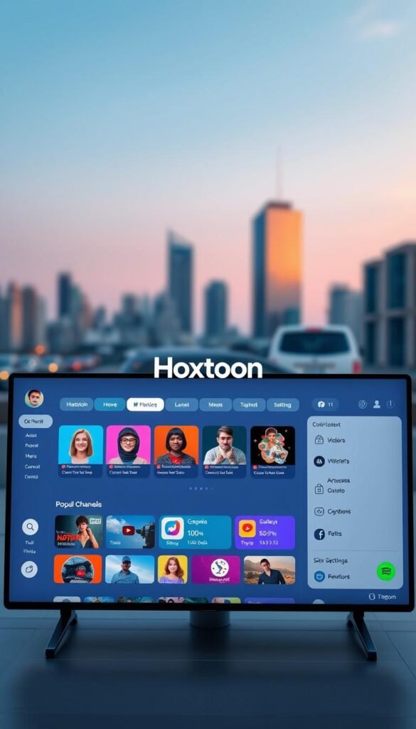 A high-resolution, detailed, and visually appealing image of the Hoxtoon Provider interface, showcasing a modern and intuitive user experience. The scene depicts a sleek, minimalist dashboard with clean lines, vibrant colors, and a well-organized layout. In the foreground, a large, high-definition screen displays the Hoxtoon logo and a selection of popular channels, while in the middle ground, various menu options and settings are neatly arranged. The background features a subtle, blurred cityscape, suggesting the wider context of the Hoxtoon service. The lighting is soft and natural, creating a sense of clarity and professionalism. The overall composition conveys a sense of effortless navigation and a premium, user-friendly interface.